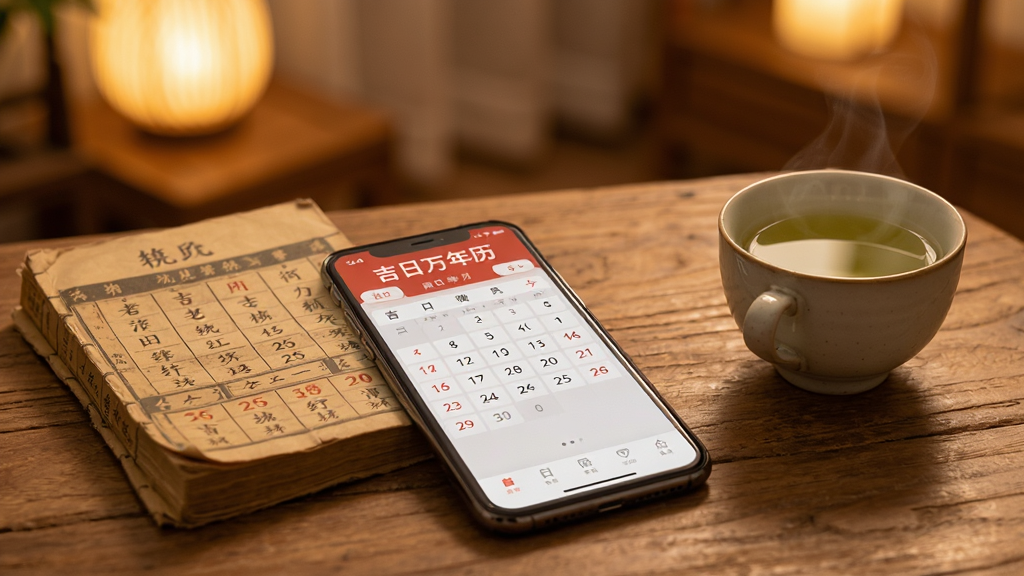吉日万年历离线使用场景,手机放置于木质桌面,屏幕显示日历页面,旁边有一本传统老黄历与一杯清茶,背景为温暖的室内光线,风格生活化,细节包含手机界面上的吉日万年历字样,画质清晰,画面干净