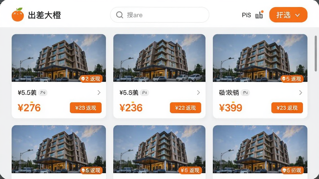 ����չʾ�������ȡ�Ӧ���еľƵ�Ԥ���б�ҳ�棬��Ļ�������Ŷ�ҾƵ꿨Ƭ��ÿ�ſ�Ƭ��ʾ�Ƶ����ͼ���۸��뷵�ֱ�ǩ��ҳ�涥������������ɸѡ��ť������Ϊǳ��ɫ���������Լ�ִ�����ɫ��׺ͻ��������Ϣ�����廭�ʣ������������޶���Ԫ��