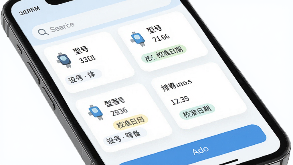 �������������豸�������棬�ֻ���Ļ��ʾ�豸�б�����ϸ��Ϣ��Ƭ������Ϊ�����������в��豸��Ƭ���ײ����Ӱ�ť�����Ϊ����ǳɫ�磬ϸ�ڰ����豸ͼ�ꡢ�ͺ����֡�У׼���ڱ�ǩ�����ʸ��壬�ɾ����޶���Ԫ��