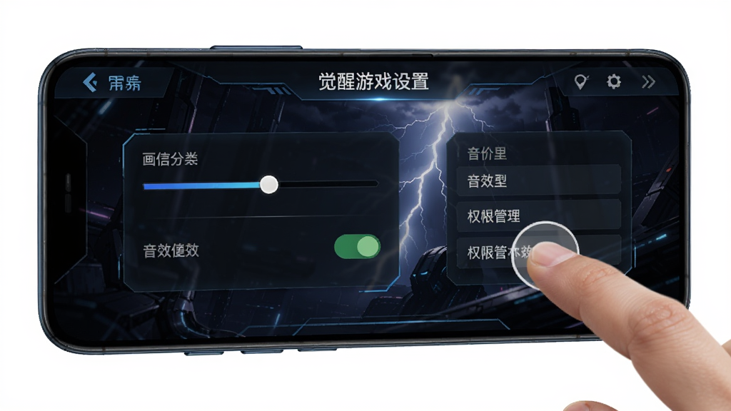 һ���ֻ���Ļ��ʾ�׵磺������Ϸ���ý��棬�������л��ʵ��ڻ��顢��Ч������Ȩ�޹���ѡ�������Ϊ��ɫ�ƻ����⣬�Ա�����ָ�����Ļ��ʾ�⣬����ɾ����������ʸ���