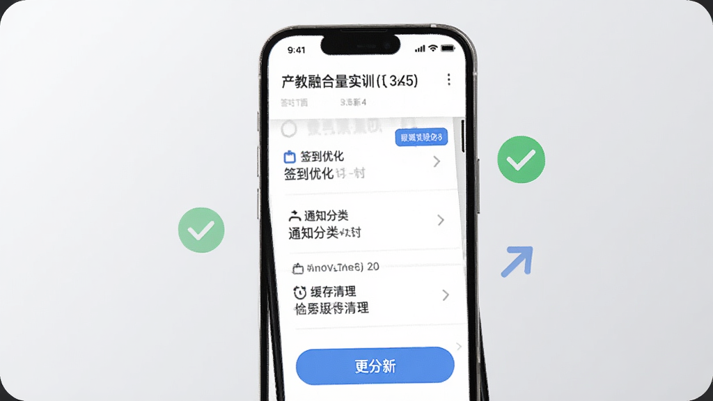 һ��չʾ�����ں�ʵѵ�����°汾�������ݵ�AI��ͼ����������һ�������ֻ�����Ļ����ʾ�Ÿ�����־�б�������ǩ���Ż���֪ͨ���ࡢ������������Ŀ���ֻ��Ա��жԹ��ͼ�ͷͼ�꣬�����ǵ���ɫ���䣬���Ϊ���UIչʾͼ��ϸ�ڰ����汾�ű�ǩ�͸��°�ť�������������ɾ����޶���Ԫ��
