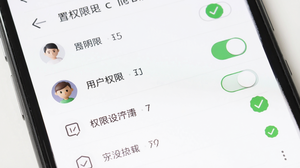 ����Ϊ�ֻ���Ļ��ʾ�û�Ȩ�����ý��棬����Ϊ�б�ʽ�Ű棬���Ϊ���UI��ƣ�ϸ�ڰ�����ɫͷ��ͼ�ꡢȨ�޿��ذ�ť����ɫȷ�ϱ�ʶ�����ʸ��壬�ɾ����޶���Ԫ��