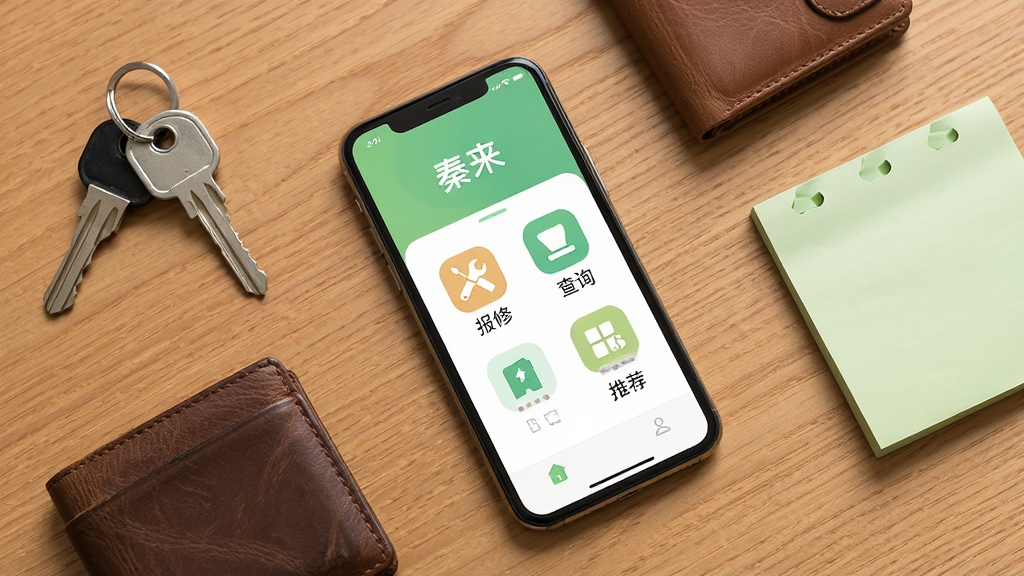������һ���ֻ�ƽ���������ϣ���Ļ��ʾ��������App�ı������ҳ�棬ҳ�����б��ޡ���ѯ���ܱ��Ƽ��ȹ���ͼ�꣬�ֻ��Ա߷���Կ�ס�Ǯ������ǩֽ��������Ʒ������Ϊľ�����棬���ֲ��ø��ӹ�ͼ�����Ϊ����дʵ��ɫ����ԭľɫ��ǳ��ɫΪ����ϸ�ڰ�����Ʒ����������Ļ��������ʾ�����ʸ��壬�ɾ����޶���Ԫ��