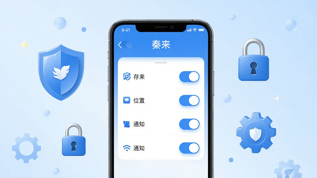 ��������һ���ֻ���ʾ��������App��Ȩ�����ý��棬�������д洢��λ�á�֪ͨ��Ȩ�޿��أ��ֻ��Ա�Ư���Ŷ��ơ��������ֵȰ�ȫͼ�꣬����Ϊǳ��ɫ���䣬���ֲ������Ĺ�ͼ�����Ϊ�Ƽ���ƽ����ɫ������ɫ�Ͱ�ɫΪ����ϸ�ڰ���ͼ��ĸ߹⡢���ص�����У����ʸ��壬�ɾ����޶���Ԫ��