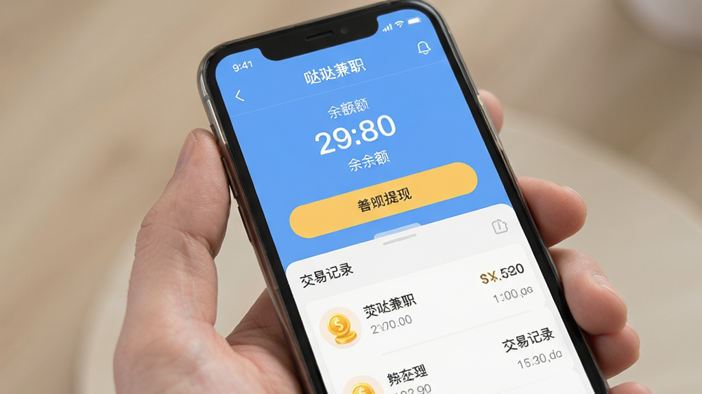 �ֻ�����չʾ�����ռ�ְ��Ǯ��ҳ�棬��ʾ������֡����ְ�ť�ͽ��׼�¼�б�������Ϊ����ɫ��������£�ϸ�ڰ������ͼ��͵���ʱ�䣬�����������޶���Ԫ�ء�