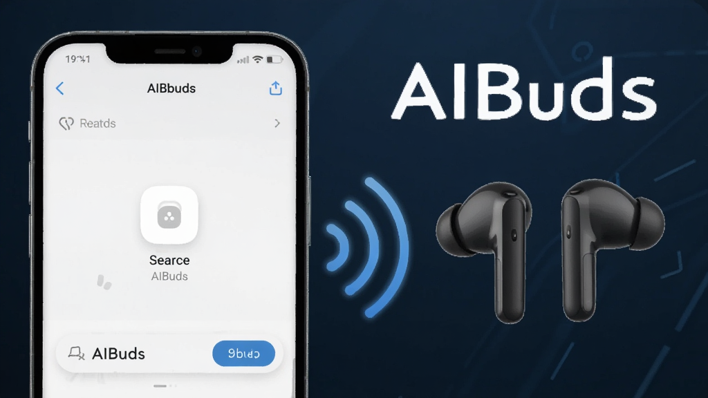 һ��չʾ AIBuds �������ӹ��ܵ�ͼƬ�����������һ���ֻ�����Ļ����ʾ AIBuds �������豸���棬�Ҳ���һ����������������֮���������źŲ������ӡ�����Ϊ����ɫ�Ƽ���񣬻����д��С�AIBuds�����ֱ�ʶ���Ű��࣬�����������ɾ��޶���Ԫ�ء�