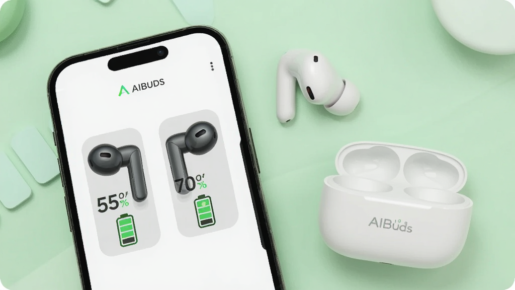 һ��չʾ AIBuds ������ʾ�����ͼƬ���ֻ���Ļ����ʾ�������Ҷ��ͳ��ֵĵ����ٷֱȼ����ͼ�꣬������С�AIBuds����ʶ���ֻ��Ա߷���һ�����������ͳ��֡�����Ϊǳ��ɫ���·���Ű��࣬���ʸɾ����޶���Ԫ�ء�