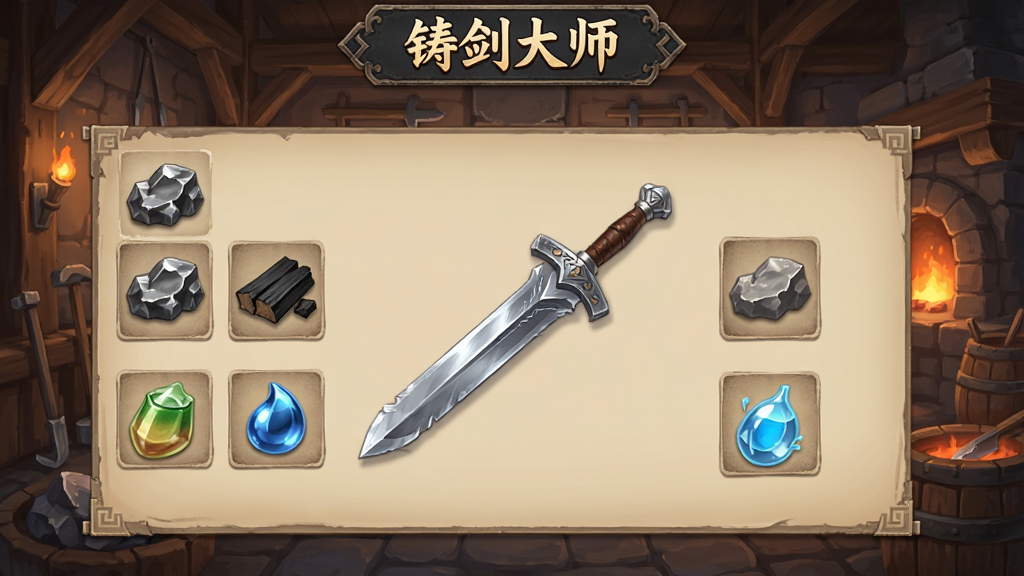����չʾ������ʦ��Ϸ�ڵĲ���ѡ����棬��Ļ������������ʯ��ľ̿��Ȫˮ��ԭ����ͼ�꣬����Ϊ�Ŵ�������񣬻���������һ��δ��ɵĽ��ߣ����岼�����������Ϊ�ŷ���ϷUI��ϸ�ھ��£����ʸɾ���ͼƬ�д��С�������ʦ�����ֱ�ʶ