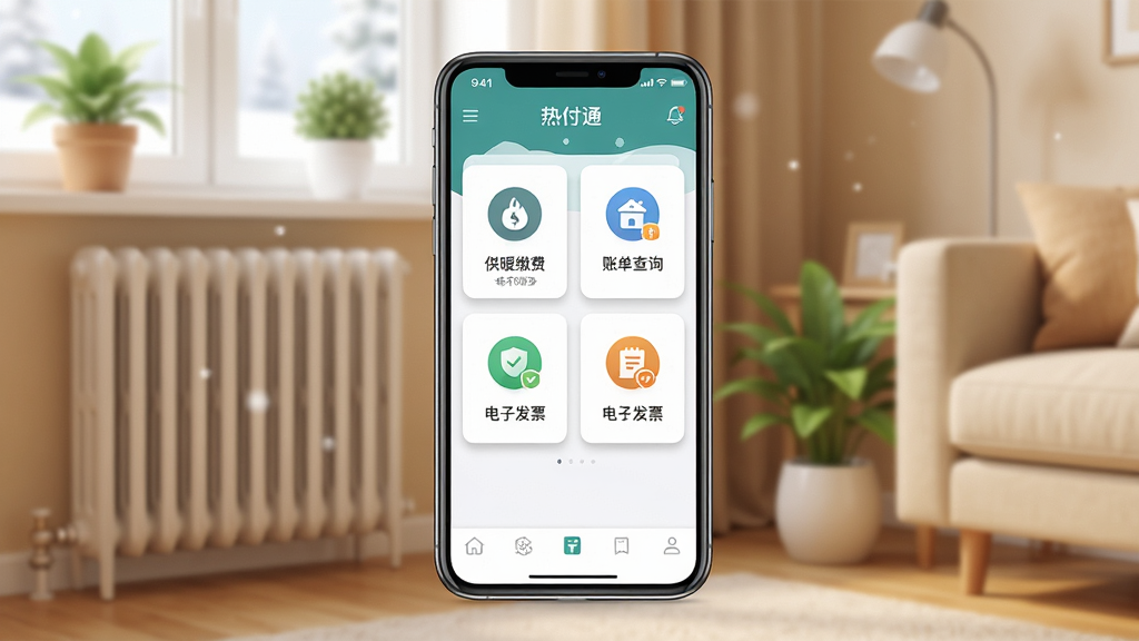 �ȸ�ͨ����������ȫòչʾ������������һ�������ֻ�����Ļ����ʾ�ȸ�ͨAPP��ҳ��������ů�ɷѡ��˵���ѯ�����ӷ�Ʊ�ȹ���ģ��ͼ�꣬����Ϊ��ܰ�Ķ����Ҿӳ�������ů��Ƭ����ɫֲ���׺�����岼�ּ�����������Ϊ��ƽ��UI���չʾͼ��ϸ�ڰ���ͼ����Ӱ�ͽ����θУ����ʸ��壬�ɾ��������޶���Ԫ��
