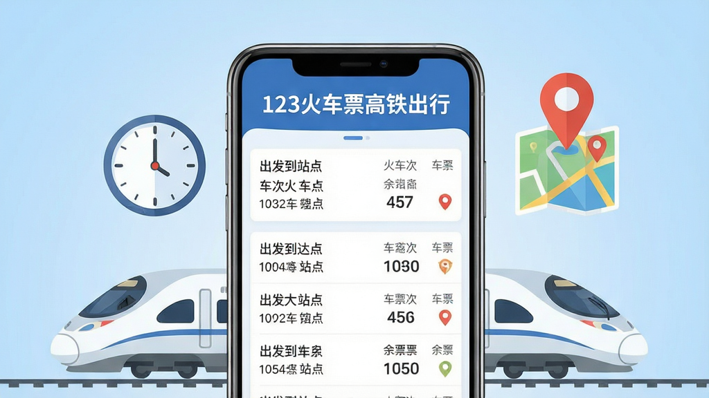 �����������һ�������ֻ�����Ļ��ʾ��Ʊ��ѯ���棬�Ϸ��С�123��Ʊ�������С����ֱ��⣬�����а��������б�����������վ�㡢��Ʊ���ֵ���Ϣ���ֻ���Χ���Ƹ����г���ʱ�ӡ���ͼ��λͼ���Ԫ�أ�����Ϊǳ��ɫ���䡣���岼�ּ�࣬����ִ���ƽ����ϸ�����������ʸɾ����޶���Ԫ�أ��ʺ���Ϊ��������վ��ͼ��
