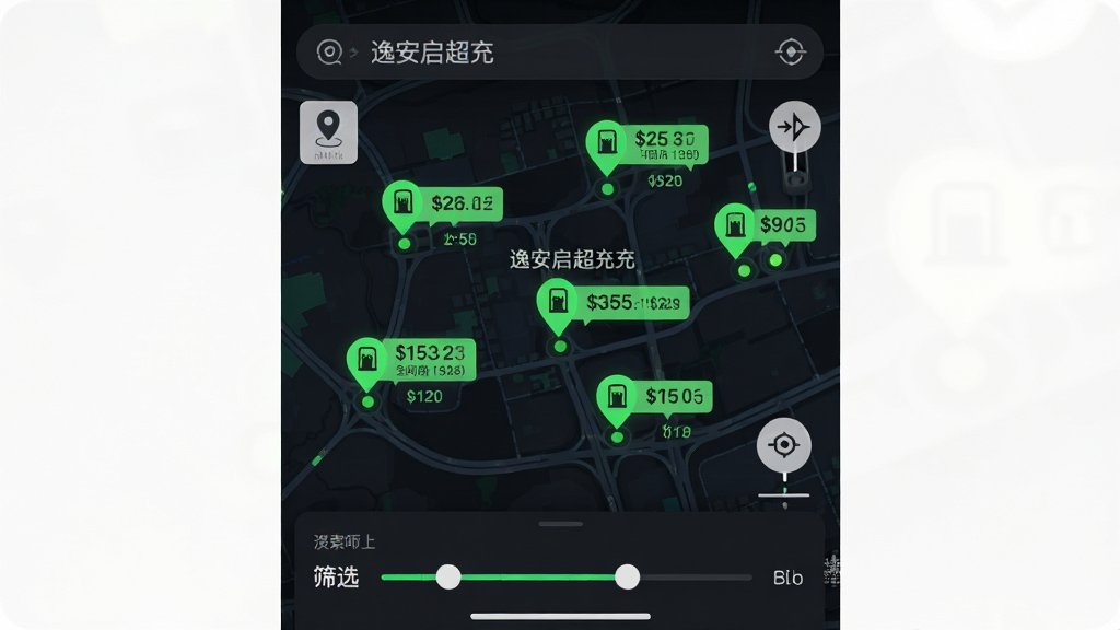 ��������Ϊ���ݰ������䡱APP�ĵ�ͼ�������棬��ͼ�Ϸֲ�������վ��ǣ�ÿ���������ʾ�۸��ǩ�����׮����������Ϊȫ����ͼ�̵ף��������������ײ�����ɸѡ��壻�Ű��η��������Ϊдʵ�Ƽ��磬��ɫ��ͼ��ɫ����ӫ���̱�ǣ�ϸ�ڰ�����λͼ�ꡢɸѡ���顢���׮״̬СԲ�㣻���ʸ��壬�ɾ�������Ԫ��
