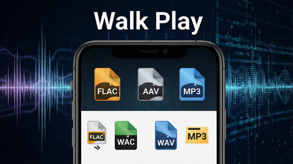 һ��չʾWalk Play��Ƶ���빦�ܵ�ʾ��ͼ����������Ϊ�ֻ���Ļ��ʾWalk Play���棬�����б�ע֧��FLAC��APE��WAV��MP3�ȸ�ʽͼ�꣬����Ϊ����������������ź����������ֲ������½ṹ���Ϸ�Ϊ��������Walk Play���·�Ϊ��ʽͼ�����У������Ƽ��У�ϸ�����������ʸ��壬�ɾ��޶���Ԫ��