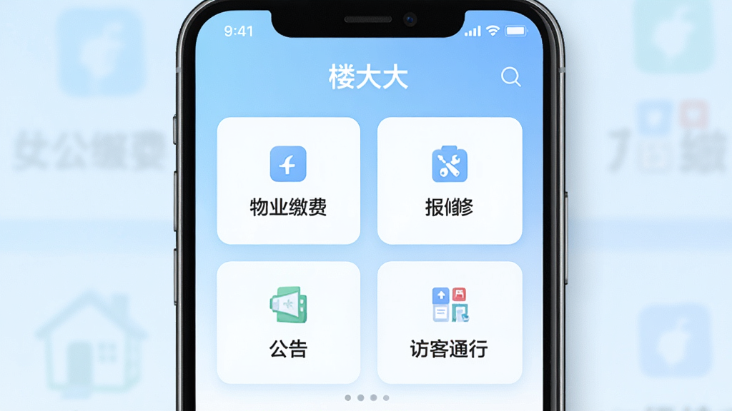 һ��չʾ�ֻ�Ӧ�ý����ͼƬ�����������ǡ�¥���App����ҳ��������ʾ��ҵ�ɷѡ����ޡ����桢�ÿ�ͨ���ĸ���Ҫ���ܿ�Ƭ������Ϊǳ��ɫ���䣬������¼�Լ��ϸ�ڷḻ�����ʸɾ�����