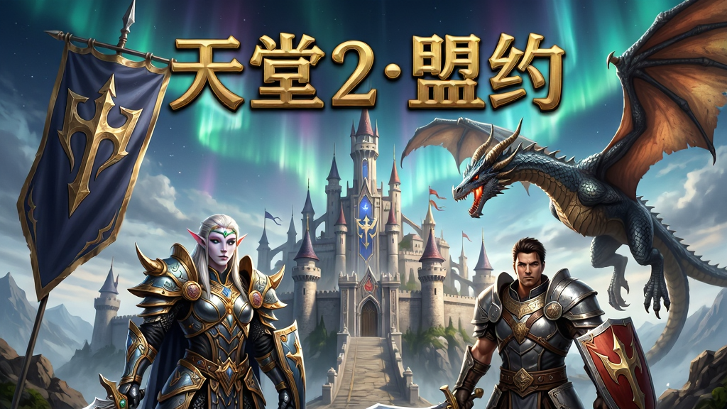 一幅宏大的魔幻史诗场景,画面主体是亚丁大陆的城堡与飞龙,前景站立着身穿华丽铠甲的精灵与人类战士,背后是巨大的盟约旗帜在风中飘扬,布局采用中心对称构图,排版上游戏名称“天堂2:盟约”以金色浮雕字体悬浮于画面正上方,风格为韩系华丽魔幻写实风,细节包括盔甲上的纹理、龙鳞的反光、天空中流动的极光,画质为4K超高清,画面干净无多余元素,光影对比强烈。