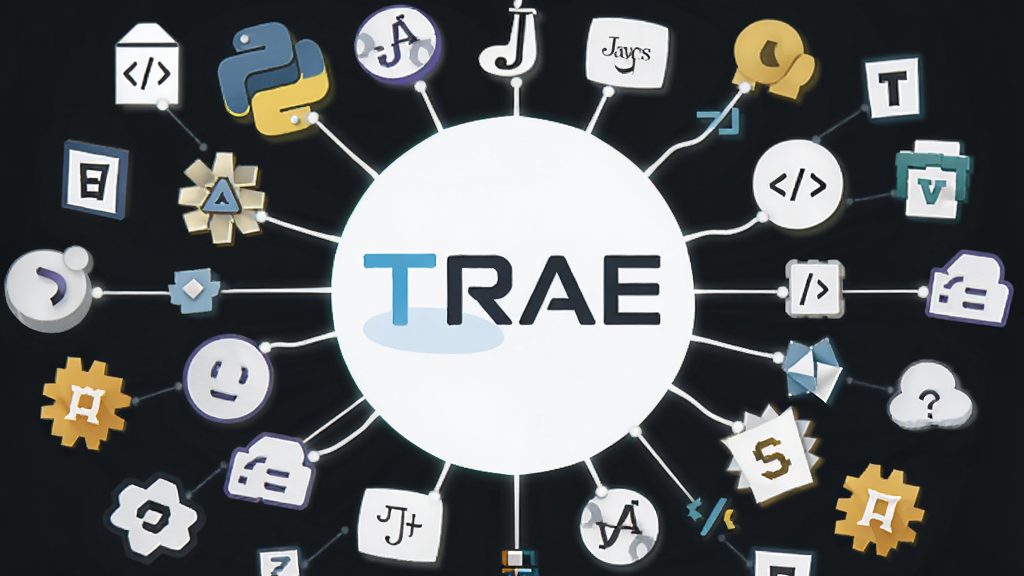 ����ΪTRAE������Ʒ�Ʊ�ʶ����ֱ������ͼ�껷�ƣ�����ΪԲ�η���״�Ű棬���Ϊ�ִ���ƽ����ƣ�ϸ�ڰ���Python��Java��JavaScript������Logo����������������Ϊ���塢�ɾ����޶���Ԫ��
