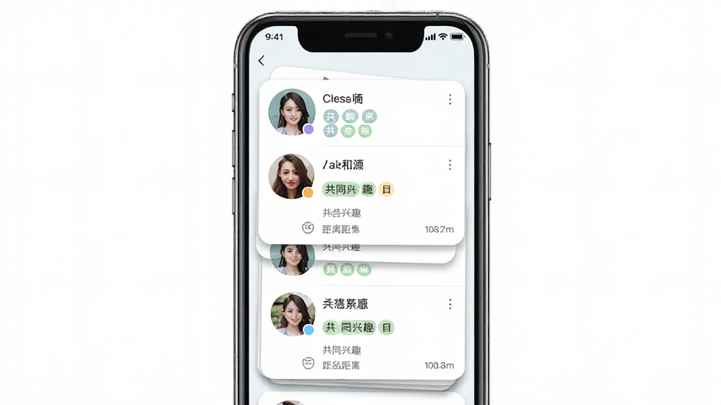 һ������APP�����Ƽ�ƥ�书�ܵĽ���ʾ��ͼ����������Ϊ�ֻ���Ļ����Ļ����ʾ�����û��Ƽ���Ƭ��ÿ�ſ�Ƭ����ͷ���ǳơ���ͬ��Ȥ��ǩ�;�����Ϣ����Ƭ�Բ����ʽ���С�����Ϊ���жԳƣ����Ϊ�����罻�磬ϸ���Ͽ�Ƭ������΢��Ӱ�����ʸɾ����޶���Ԫ��