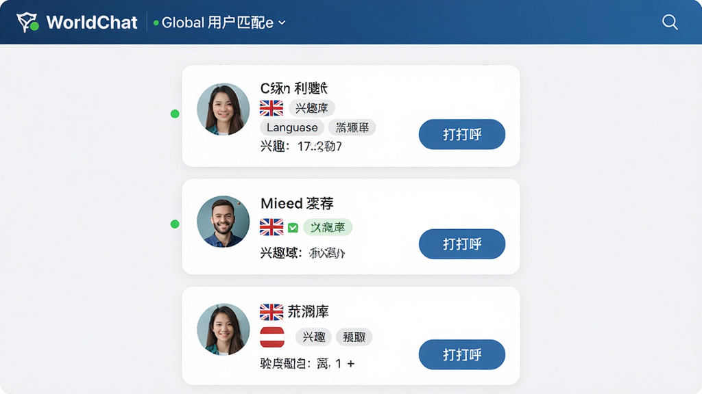 һ��WorldChatȫ���û�ƥ��ҳ��Ľ���ͼ�������������û��Ƽ���Ƭ�б���ÿ�ſ�Ƭ����ͷ���ǳơ����졢��Ȥ��ǩ�ʹ��к���ť������Ϊ��������б����Ű����룬���Ϊ�ִ��罻Ӧ����ƣ�ϸ�ڰ��������̵㡢���Ա�ǩ�;�����ʾ�����ʸ��壬�ɾ����޶���Ԫ��