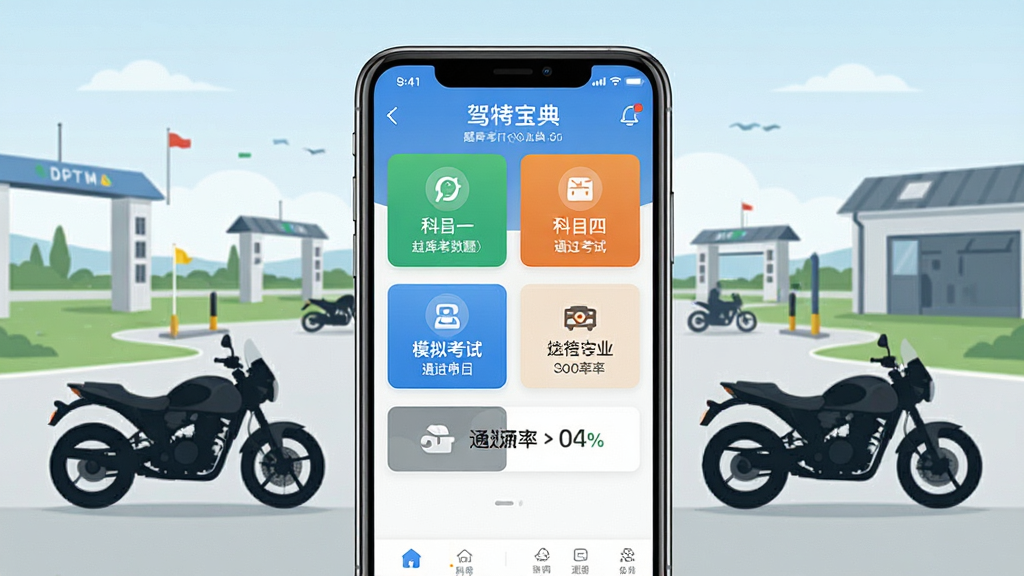 驾考宝典摩托车软件主界面展示,画面中央是一部智能手机,屏幕显示摩托车驾考刷题应用首页,包含科目一、科目四、模拟考试等入口按钮,背景是简洁的驾校训练场与摩托车剪影,整体布局清晰,排版居中,风格为现代扁平化UI设计,细节上突出题库数量与通过率数据,画质高清,干净,无多余元素