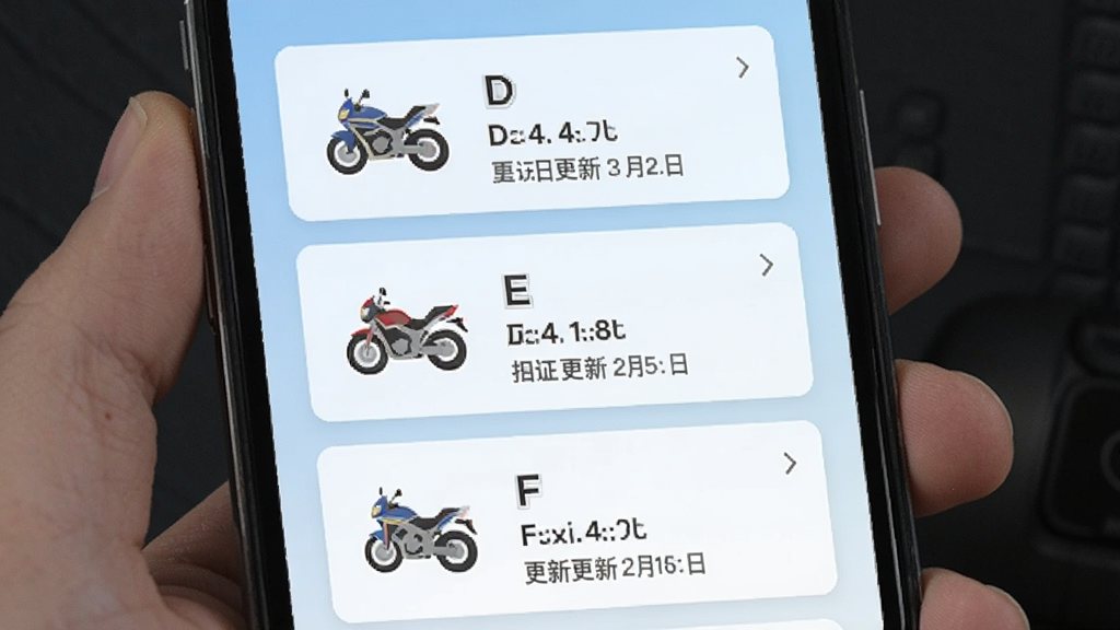 驾考宝典摩托车题库分类界面,手机屏幕中展示D证、E证、F证三个选项卡片,每个卡片配有对应的摩托车图标,背景为浅蓝色渐变,布局为纵向排列,风格清新简约,细节上显示各题库的题目数量与更新日期,画质清晰,干净,无多余元素