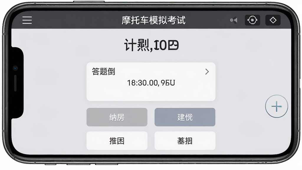 驾考宝典摩托车模拟考试界面,手机屏幕显示考试倒计时、答题卡和选择题选项,背景为淡灰色,布局为上下结构,风格严肃简洁,细节上突出剩余时间与当前题号,画质高清,干净,无多余元素