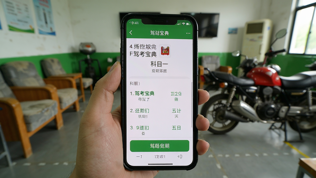 驾考宝典摩托车安卓手机刷题场景,画面中一只手拿着手机,屏幕显示科目一答题界面,背景是驾校休息区,布局突出手机屏幕内容,风格写实生活化,细节上显示题目文字与选项按钮,画质清晰,干净,无多余元素