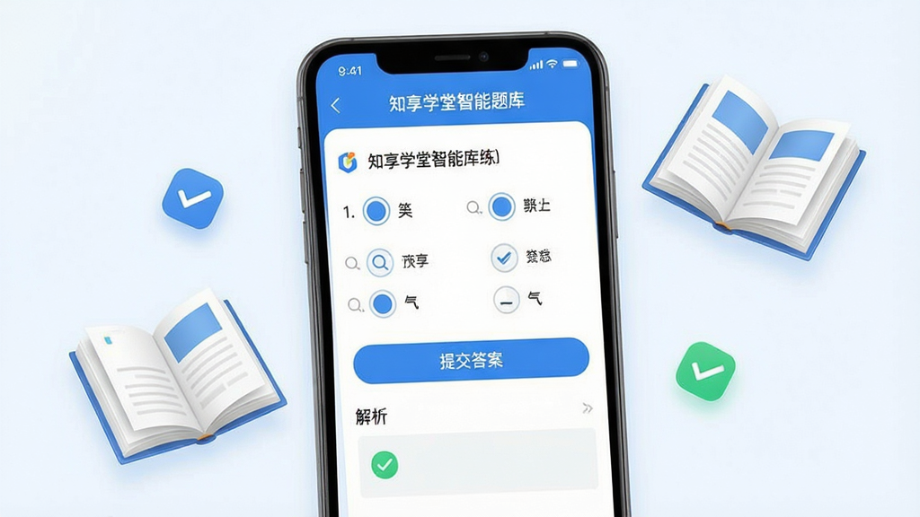 һ��չʾ֪��ѧ�����������ϰ�����ͼƬ�����壺�ֻ���Ļ��ʾһ��ѡ���⣬�·��С��ύ�𰸡���ť�ͽ������򡣲��֣��ֻ���Ļռ�������壬�Ա�Ư���ż��������ĵ�����͹�ѡ���ͼ�ꡣ�Ű棺������������������Ϊ��֪��ѧ��������⡱�������ˬ������APP������������ɫ��ϸ�ڣ���Ŀѡ����Բ�ΰ�ť���У�������������ɫ�Թ�ͼ�ꡣ���ʣ����壬�ɾ����޶���Ԫ�ء�