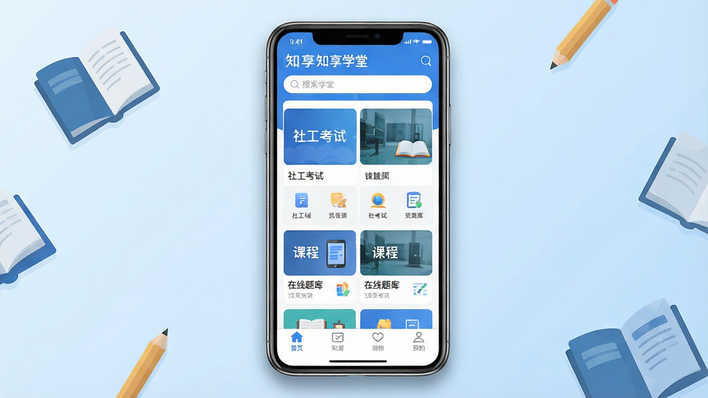 һ��չʾ֪��ѧ���ֻ�APP���������ϸͼƬ�����壺һ�����������ֻ�����Ļ����ʾ֪��ѧ��APP��ҳ�����������������в��пγ̷��࿨Ƭ���ײ��е����������֣��ֻ����з��ã�����Ϊǳ��ɫ���䣬��Χɢ�������鱾��Ǧ�ʵı�ƽ��ͼ�ꡣ�Ű棺�ֻ���Ļ���������ɼ����������������ı�ע��֪��ѧ�á����繤���ԡ���������⡱������ִ���ƽ��UIչʾ��񣬹�����͡�ϸ�ڣ��ֻ���Ե����΢��Ӱ��������ɫ������Ϊ����ͼ���ࡣ���ʣ����壬�ɾ����޶���Ԫ�ء�