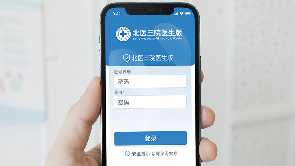 ����Ϊ�ֻ���Ļ��ʾ��ҽ��Ժҽ�����¼���棬���ֲ������½ṹ���Ϸ�ΪҽԺLogo�����ƣ��в�Ϊ�˺�����������·�Ϊ��¼��ť�밲ȫ��ʾ���֣��Ű���󷽣����Ϊҽ�ƹٷ�Ӧ�÷磬ϸ�ڰ�����ɫ��ɫ�������ư�ȫͼ�ꡢ����ҽ��Ժҽ���桱���֣����������ɾ��޶���Ԫ��