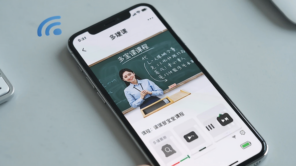 һ��չʾ�౦����APP���ֻ����������еĻ��棬�ֻ���Ļ��ʾ�����Ŀγ̲��Ž��棬����������ʦ�Ͱ������ݣ��ֻ���Χ��WiFi�ź�ͼ��͵��ͼ�꣬����Ϊǳ��ɫ���棬��������ʵ��Ȼ�������������ɾ����࣬�޶���Ԫ��