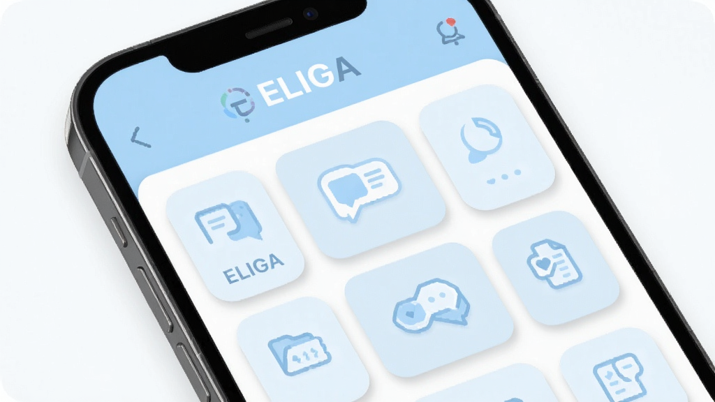 ELIGA ����ģ��չʾ������Ϊ�ֻ���Ļ��д����Ļ�ڳ��� ELIGA �Ķ�����ܿ�Ƭ�������У�����Ϊ���½ṹ���Ϸ�Ϊ���������·�Ϊ�������񣬷��Ϊ���¼�Լ�磬ϸ�ڰ�������ɫ��ɫ����Բ��ͼ����������Ӱ����������������ɾ����޶���Ԫ��