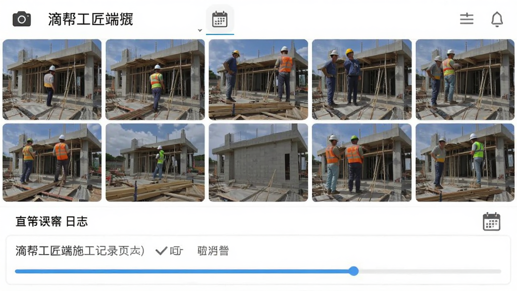 ����Ϊ�ΰ﹤����ʩ����¼ҳ�棬���ֲ������½ṹ���Ϸ�Ϊʩ����Ƭ����ͼ�����·�Ϊ������־���������Ű������ˣ����Ϊ�ƶ�Ӧ�ý����ͼ���ϸ�ڰ������ͼ�ꡢ������ǡ������������ʸ���ɾ��޶���Ԫ��