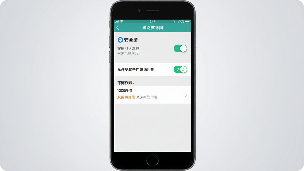 ��������Ϊ���ƽ�����APP�İ�װ��Ȩ�����ý��棬��Ļ����ʾ��������װδ֪��ԴӦ�á�������洢Ȩ��ѡ��Ա����ֻ���ȫ��ʾͼ�ꡣ����Ϊ�ֻ�����չʾ���ֻ����У�����Ϊǳ��ɫ���䡣���Ϊϵͳ���ý�����ϸ���Ͽ��ذ�ť�и���״̬���������������ʸ��壬�ɾ����޶���Ԫ�ء�