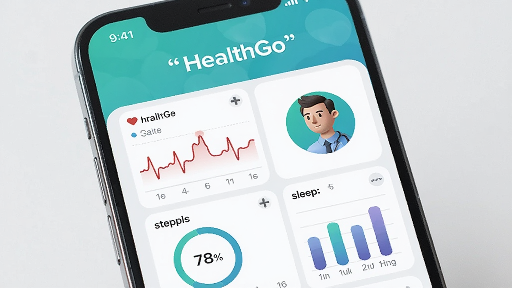 ������һ�������ֻ���Ļ����Ļ����ʾ�� HealthGo Ӧ�ý��棬����Ϊ�������ͼ���Ҳ��û�ͷ���Ű�������½ṹ�Ϸ������·����ݣ����Ϊ�ִ��Ƽ���ҽ�Ʒ磬ϸ�ڰ����������ߡ�����Բ����˯����״ͼ�����ʸ��� �ɾ� �޶���Ԫ�أ�ͼƬ�����ֱ�������ţ�