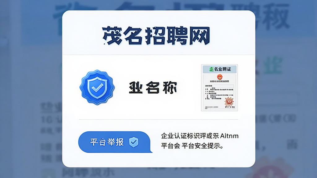 ��ƸAPP��ҵ��֤��ʶչʾҳ�棬��������ʾ��ï����Ƹ�������֣���ҵ�����Ա�����ɫ��֤���º�Ӫҵִ������ͼ���·��оٱ���ť��ƽ̨��ȫ��ʾ���֣������Ǽ��İ�ɫ��Ƭ����������ʽ���ţ����ʸ��壬ϸ��������������Ԫ��