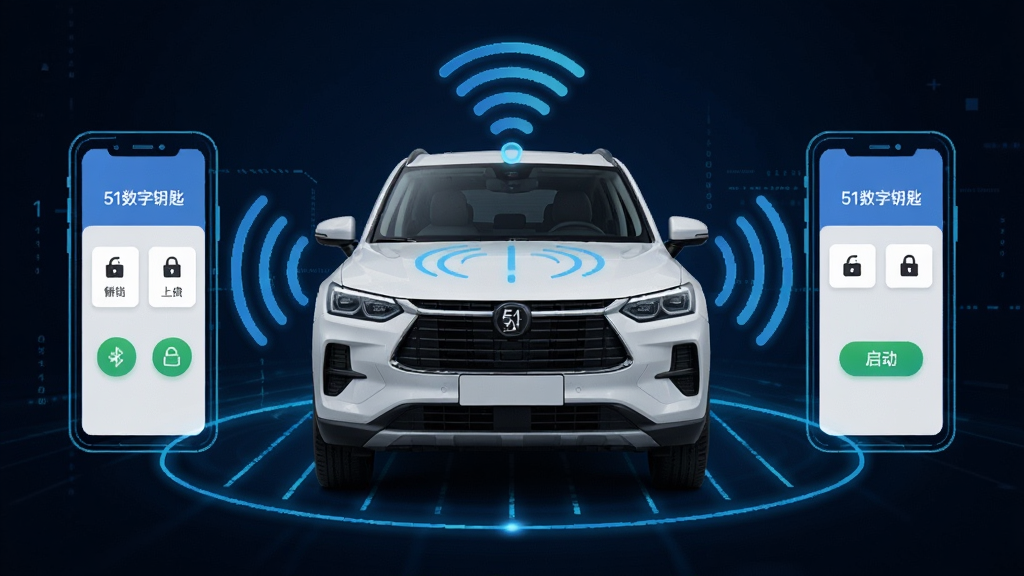 ����������һ����ɫSUV������������Χ�����ŷ������ɫ�����������ֻ��������ֻ���Ļ��ʾ��51����Կ�ס�Ӧ�ý��棬�����а���������������������ͼ�갴ť������Ϊ��ɫ����Ƽ����ϸ����ͻ�������źŲ����복������״̬�������Ű���жԳƣ����������ɾ����޶���Ԫ�أ��ʺ���Ϊ��������վ����ͷͼ��