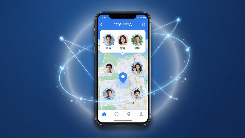 ��������Ϊһ�������ֻ�����Ļ����ʾ�������ػ�App�Ľ��棬�������м�ͥ��Ա��ͷ��͵�ͼ��λ��ǣ�����Ϊ�ֻ����У���Χ��������͵Ĺ��κ������ߣ������ػ������ӣ��Ű��࣬ͻ���ֻ���Ļ���ݣ����Ϊ�ִ��Ƽ��У�ɫ������ɫ�Ͱ�ɫΪ����ϸ���ϣ��ֻ���Ե����΢����Ӱ����Ļ�ڵ�ͼϸ����������ͥ��Աͷ����Բ�α߿򣻻��ʸ��壬�ɾ����޶���Ԫ�ء�