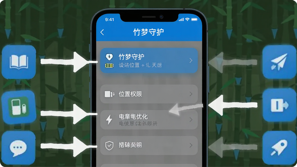 ��������Ϊһ���ֻ�����Ļ����ʾ�����ػ�App�����ý��棬��������λ��Ȩ�ޡ�����Ż���ѡ�����Ϊ�ֻ����У��Ա��м�ͷָ�����������Ű�������������ͻ�������Ϊ��ƽ��UI��ƣ�ɫ������ɫ�ͻ�ɫΪ����ϸ���ϣ�ͼ���࣬�������������ʸ��壬�ɾ����޶���Ԫ�ء�
