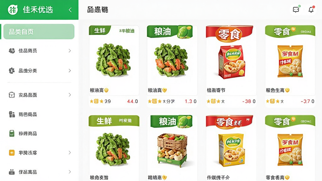 �Ѻ���ѡӦ������Ʒ����ҳ�棬���ΪƷ�ർ�������Ҳ�չʾ���ʡ����͡���ʳ����Ʒ�б�������Ϊ���ҷ������Ű���գ����Ϊ��ˬǳɫ���̽��棬ϸ�ڰ�����ƷͼƬ�����ƣ������������ɾ����޶���Ԫ��