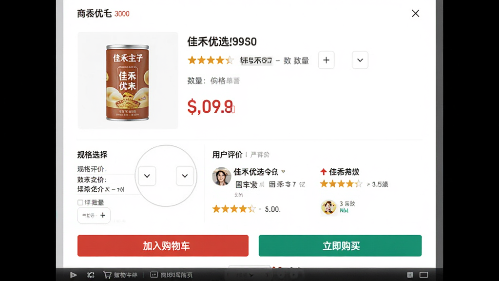 �Ѻ���ѡ��Ʒ����ҳ�棬�Ϸ�Ϊ��Ʒ��ͼ��۸���Ϣ���в�Ϊ���ѡ�����û����������·�Ϊ���빺�ﳵ����������ť������Ϊ���½ṹ���Ű����������Ϊ�ִ����̷磬ϸ�ڰ��������Ǽ�������ѡ���������ʸ��壬�ɾ����޶���Ԫ��