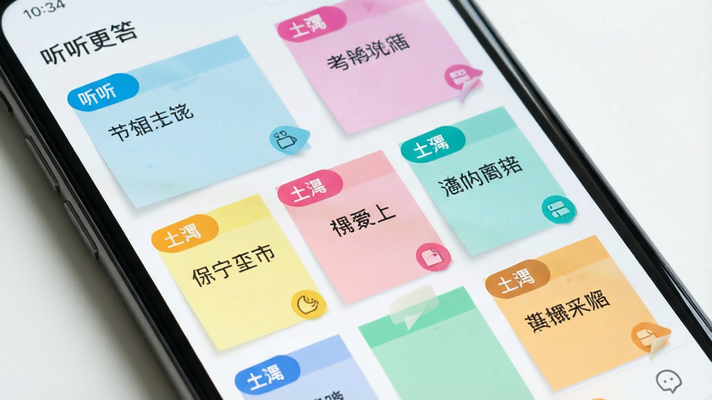 һ��չʾ������ǩ��ʷ��๦�ܵĻ��棬����Ϊ�ֻ���Ļ��ʾ�����ͬ��ɫ�ı�ǩ��Ƭ�������У�ÿ�ſ�Ƭ���м���������ǩ������Ϊ����״���У����Ϊ�������죬ϸ�ڰ�����ɫ��ǩ�����ͼ�꣬���ʸ��壬�ɾ����޶���Ԫ��