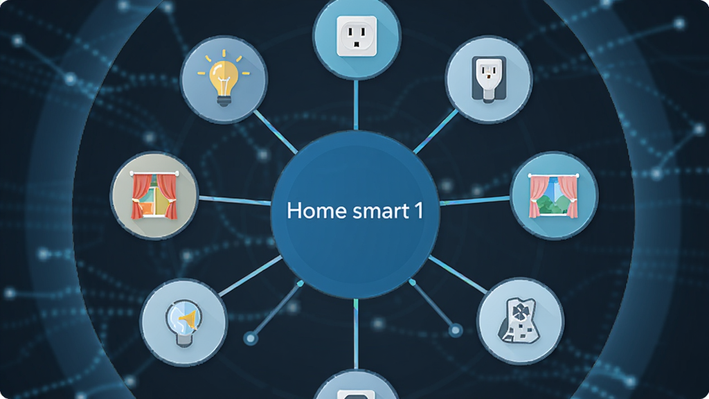 ������Home smart 1Ӧ�ý��棬����Ϊ���ķ���״���Ӷ�������豸ͼ�꣬�Ű���û��νṹ�����Ϊ��ƽ���Ƽ��У�ϸ�ڰ������ݡ�����������ͼ���������ߣ����ʸ��塢�ɾ����޶���Ԫ�أ�ͼƬ������Ϊ��Home smart 1��