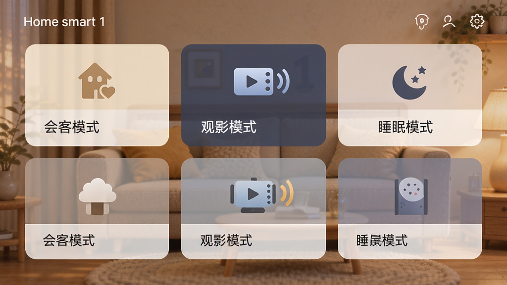 ������Home smart 1����ģʽ���棬����Ϊ���������Ƭ�������У��Ű�������񲼾֣����Ϊ��ܰ�Ҿӷ磬ϸ�ڰ��������ģʽ������Ӱģʽ����˯��ģʽ���������Ӧͼ�꣬���ʸ��塢�ɾ����޶���Ԫ�أ�ͼƬ������Ϊ��Home smart 1��