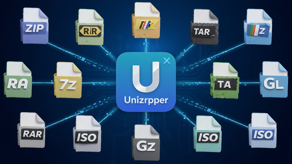 һ��չʾ��ѹ��Unizpper�ļ�����ȫ�ܸ�ʽ֧�ֵ�ͼƬ�������н�ѹ��Unizpper�ļ���������ͼ��λ�����룬��Χ������ZIP��RAR��7Z��TAR��GZ��ISO�ȸ�ʽ������ͼ�꣬ͼ��֮���÷�����������ӣ�����Ϊ����ɫ�Ƽ��н��䣬���岼�ֶԳƣ�����ִ���࣬���ʸ��壬�޶���Ԫ��
