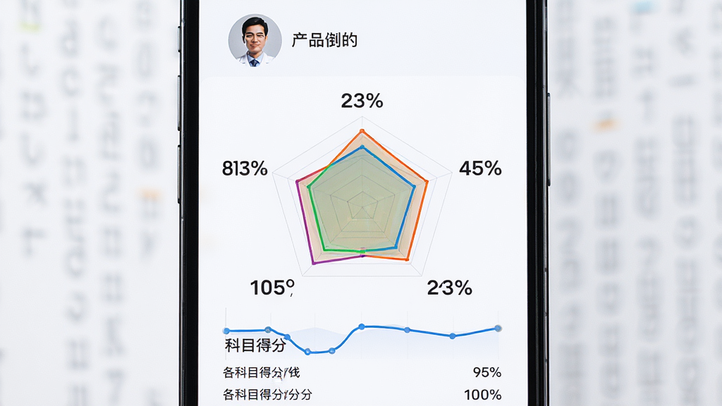 ҽ������App�ɼ�����ҳ�棬��������Ϊ�ֻ���Ļ��ʾ�״�ͼ������ͼ��ͼ����Χ�����ݱ�ǩ�Ͱٷֱ���ֵ����Ļ�Ϸ��и���ͷ����������·��и���Ŀ�÷��б������岼��Ϊ���½ṹ�����Ϊ�������ݿ��ӻ���ϸ����ͼ����ɫ���������������������ʸ���ɾ��޶���Ԫ��