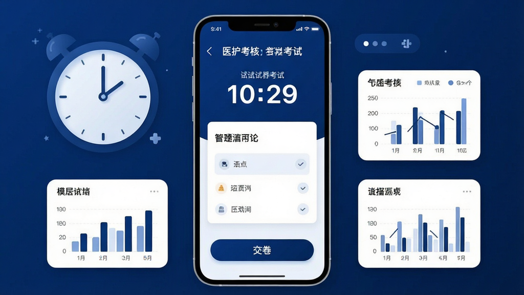 ҽ������Appģ�⿼�Խ��棬��������Ϊ�ֻ���Ļ��ʾ���Ե���ʱ����⿨����Ļ�Ϸ����Ծ����⣬�·��н�����ť����Χ������ʱ��ͼ������ͳ�Ƶ�װ��Ԫ�أ����岼��Ϊ����չʾ�����Ϊ��Լ�Ƽ��磬ϸ������ɫ�������Ͱ�ɫΪ�������ʸ���ɾ��޶���Ԫ��