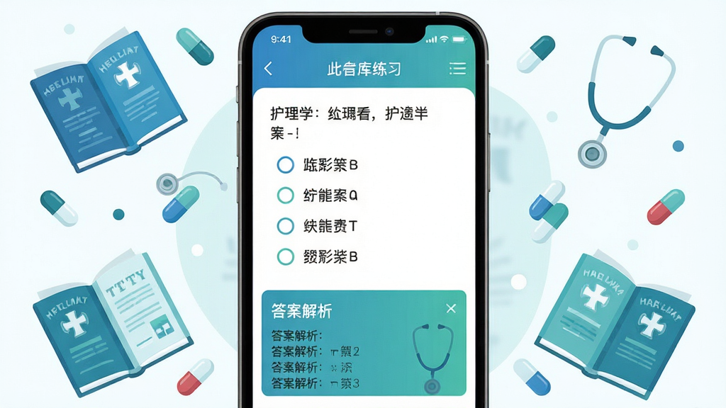 ҽ������App�����ϰ�����ͼ��񣬻����������ֻ���ĻΪ���壬��Ļ����ʾһ������ѧ��ѡ�⼰�ĸ�ѡ��·�չ���𰸽���������ΧƯ����ҽѧ�鼮����������ҩ���Ԫ�أ������Ű���жԳƣ����Ϊ��ƽ��ҽ�Ʋ廭��ϸ������ɫ�����̰�Ϊ�������ʸ���ɾ��޶���Ԫ��