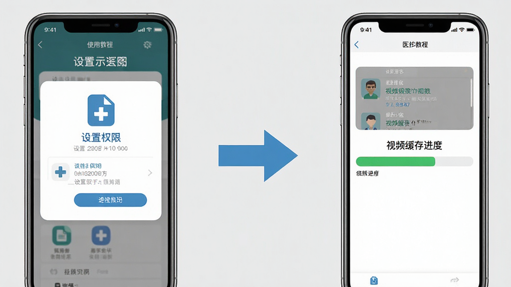 ҽ������Appʹ�ý̳�ʾ��ͼ��������һ���ֻ�չʾ����Ȩ�޽��棬��һ���ֻ�չʾ��Ƶ������������м��ü�ͷ���ӱ�ʾ�������裬����Ϊǳ��ɫ�����岼��Ϊ���ҶԱȣ����Ϊ����˵��ͼ��ϸ����ͼ���������ֿɶ������ʸ���ɾ��޶���Ԫ��