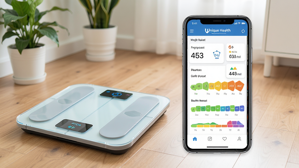 һ��չʾ Unique Health Ӧ������׷�ٹ��ܵĳ���ͼ������Ϊ������֬�����ֻ����Űڷţ��ֻ���Ļ��ʾ��������ɷ������б����ɫ���������ʶ������Ϊ���ҷֲ��������֬�ӣ��Ҳ��ֻ������Ϊ�ɾ������ļҾӻ�����ϸ�ڰ���ľ�ذ塢��ֲ��׺�����ݿ�Ƭ�����ɼ������ʸ��壬�ɾ����޶���Ԫ��