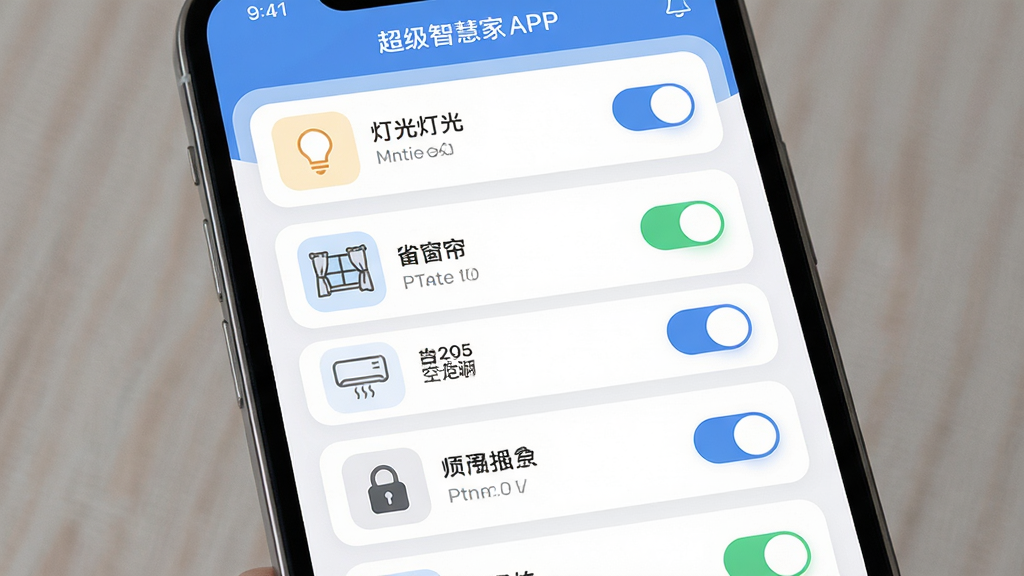 ����������һ���ֻ���Ļ����ʾ�����ǻۼ�APP���豸�����б����棬�б��а����ƹ⡢�������յ����������豸��Ƭ�����ֲ����������е��б���ʽ��ÿ���豸��Ƭ����ͼ���״̬���ء����Ϊ��ˬ��Լ��UIչʾ���ϸ�ڰ������������ֱ�ǩ����͵Ŀ�ƬԲ�ǡ�״ָ̬ʾ�Ƶ������Աȡ����ʸ��壬����ɾ����޶���Ԫ�ء�