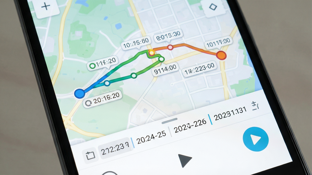 �ֻ���λ�����λ����ʷ�켣�طŽ���ͼ������չʾһ����׿�ֻ���Ļ�ڵ�ͼ����һ����ɫ·�߹켣���켣���ж��ʱ�����ǵ㣬�����յ��ò�ͬ��ɫԲ�����֣���ͼ�·�������ѡ�����Ͳ��Ű�ť������Ϊ�ֻ�������д�����Ϊ����ǳɫϵUI��ϸ�ڰ����켣������ʱ���ǩ�����ſؼ������ʸ��壬�ɾ����޶���Ԫ��